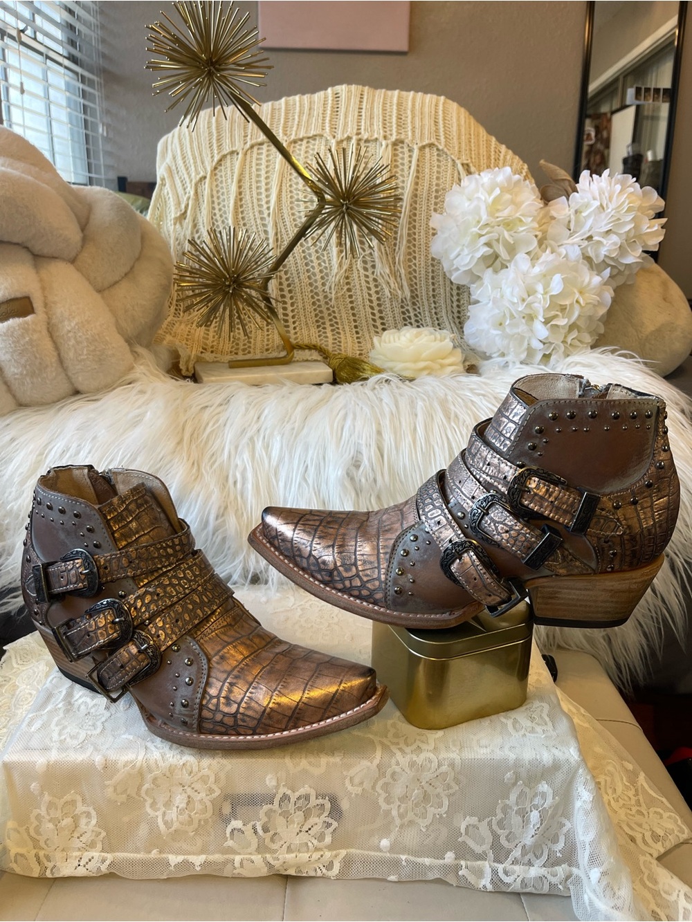 Freebird EUC Wilhelmina Leather Ankle Boots in Blush Croco Bronze Blue MSRP$295
